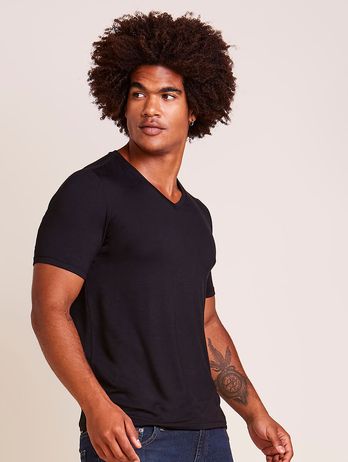 Camiseta Manga Curta Gola V Em Viscose Masculino Preto
