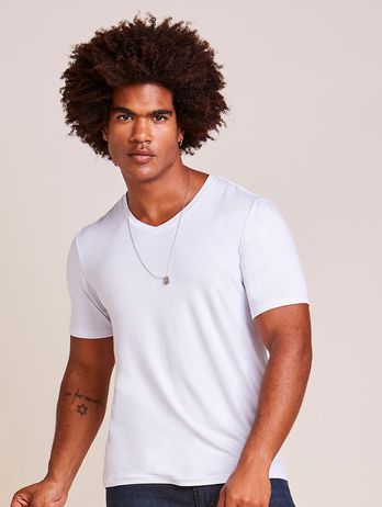 Camiseta Manga Curta Gola V Em Viscose Masculino Branco