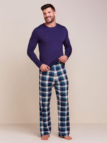 Pijama Longo Masculino Em Viscose Estampa Xadrez Folk