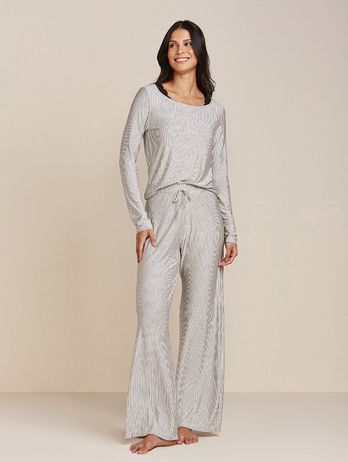 Pijama Longo Em Viscose E Renda Reset Listras Preto E Branco