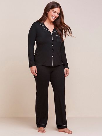 Pijama Longo Em Viscose Com Vivo Contrastante Flora Preto