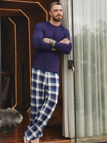 Pijama Longo Masculino Em Viscose Estampa Xadrez Folk