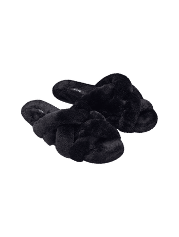 Pantufa Tiras Entrelaçadas Em Plush Preto