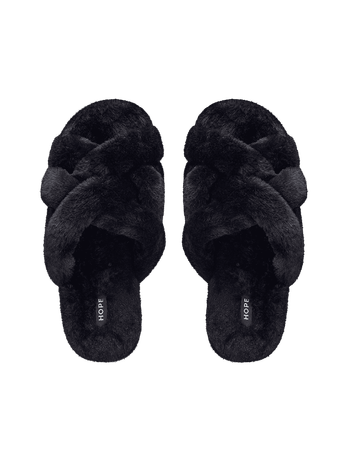 Pantufa Tiras Entrelaçadas Em Plush Preto