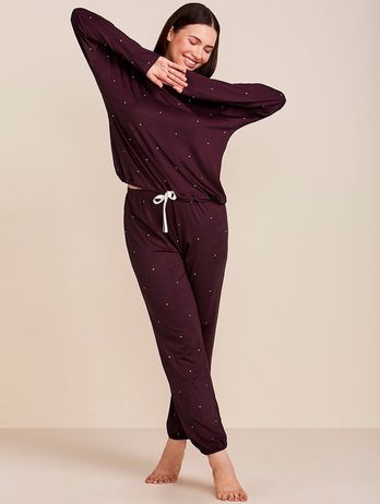 Pijama Longo Em Viscose Dreams Estampa Vinho Bordo Com Poa Off White