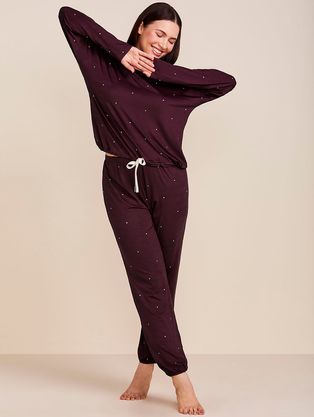 Pijama Longo Em Viscose Dreams Estampa Vinho Bordo Com Poa Off White