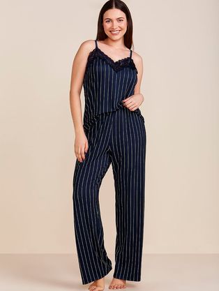 Pijama Longo Alças Finas Em Viscose Estampada E Renda Love Stories Estampa Risca De Giz Azul Noturno
