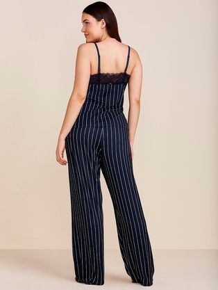 Pijama Longo Alças Finas Em Viscose Estampada E Renda Love Stories Estampa Risca De Giz Azul Noturno
