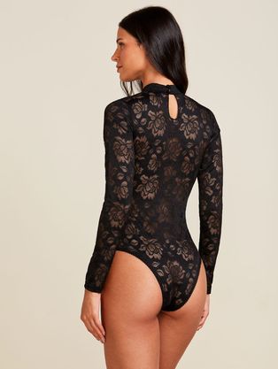 Body Manga Longa Com Gola Alta Em Renda Preto