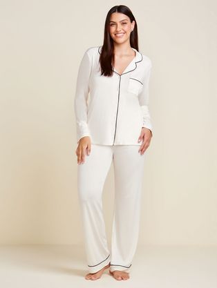 Pijama Longo Em Viscose Com Vivo Contrastante Flora Off White