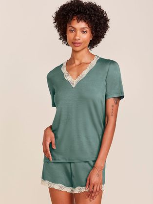 Short Doll Manga Curta Em Viscose E Renda Moon Verde Botanico