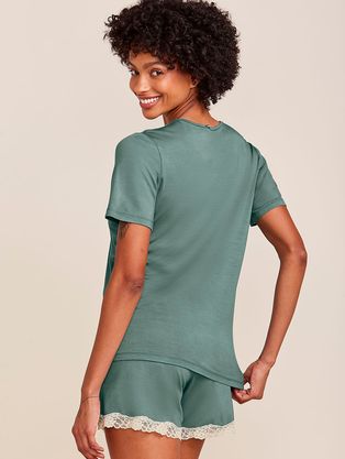 Short Doll Manga Curta Em Viscose E Renda Moon Verde Botanico