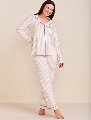 Pijama Longo Em Viscose Com Vivo Contrastante Flora Estampa Listrada Rosa Dust /Off White