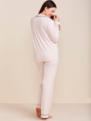 Pijama Longo Em Viscose Com Vivo Contrastante Flora Estampa Listrada Rosa Dust /Off White