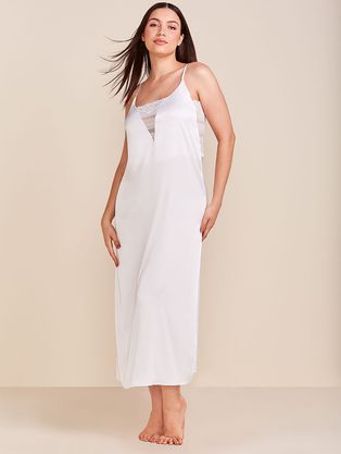 Camisola Longa Alças Finas Em Cetim Com Renda Valência Honeymoon Off White