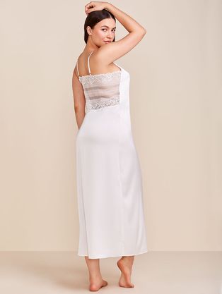 Camisola Longa Alças Finas Em Cetim Com Renda Valência Honeymoon Off White