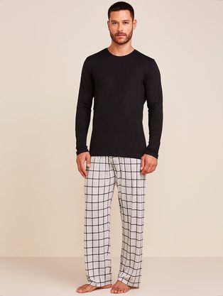 Pijama Longo Masculino Em Viscose Estampada Moments Estampa Xadrez Mescla Com Preto Moments
