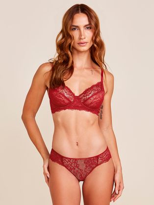 Conjunto Sutiã Meia-taça Sem Bojo Com Aro e Calcinha Biquíni Em Renda Vermelho Zaire