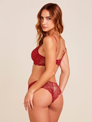 Conjunto Sutiã Meia-taça Sem Bojo Com Aro e Calcinha Biquíni Em Renda Vermelho Zaire