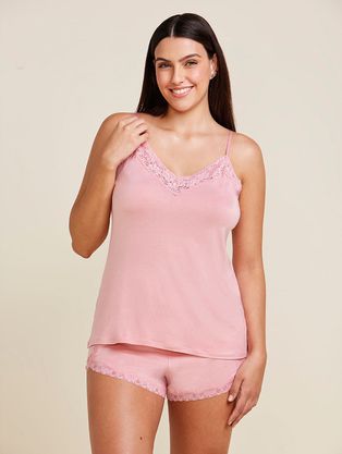 Short Doll Alças Finas Em Viscose E Renda Happy Rosa Algodao
