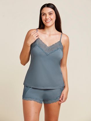 Short Doll Alças Finas Em Microfibra E Renda Love Stories Azul Grafite
