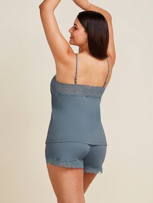 Short Doll Alças Finas Em Microfibra E Renda Love Stories Azul Grafite