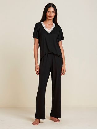 Pijama Longo Manga Curta Em Viscose E Renda Moon Preto