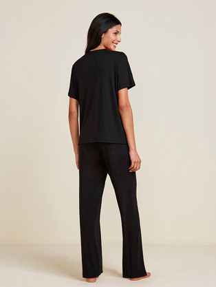 Pijama Longo Manga Curta Em Viscose E Renda Moon Preto