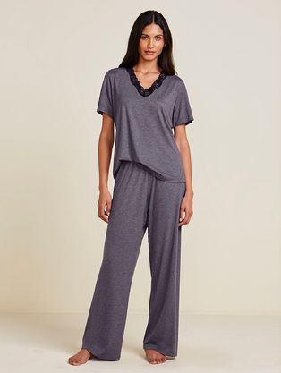 Pijama Longo Manga Curta Em Viscose E Renda Moon Cinza Mescla Escuro