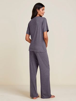 Pijama Longo Manga Curta Em Viscose E Renda Moon Cinza Mescla Escuro