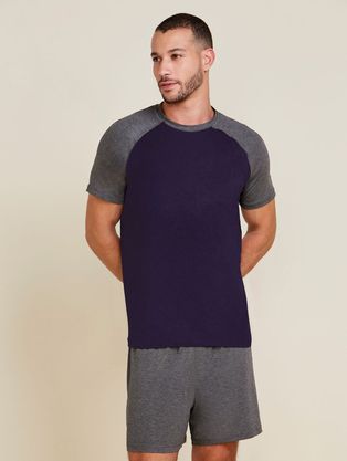 Pijama Curto Masculino Bicolor Raglan Em Viscose Bicolor Cinza Mescla Escuro E Azul Marinho Indigo