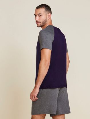 Pijama Curto Masculino Bicolor Raglan Em Viscose Bicolor Cinza Mescla Escuro E Azul Marinho Indigo