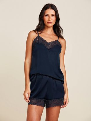 Short Doll Alças Finas Em Cetim Renda Love Stories Glow Azul Noturno
