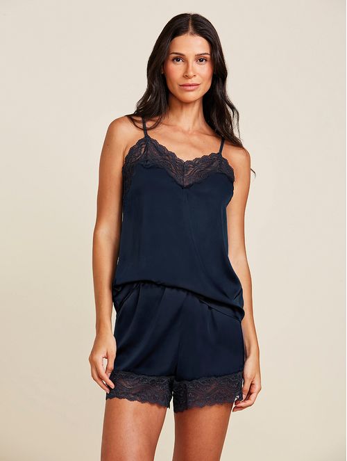 Short Doll Alças Finas Em Cetim Renda Love Stories Glow Azul Noturno