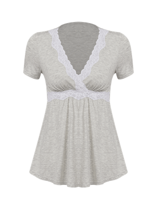 Pijama Longo Em Viscose E Renda Maternity Cinza Mescla Claro