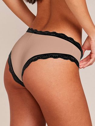 Calcinha Tanga Brasileira Em Microfibra E Renda Bege Camurca