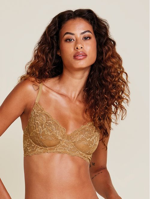 Sutiã Meia-taça Sem Bojo Com Aro Em Renda Na Sua Medida - Taça Dourado Ocre