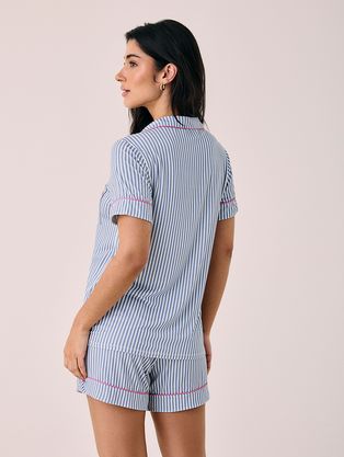 Short Doll Em Viscose Flora Estampa Listra Off E Azul Tule