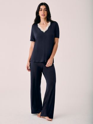 Pijama Longo Manga Curta Em Viscose E Renda Moon Azul Diamond