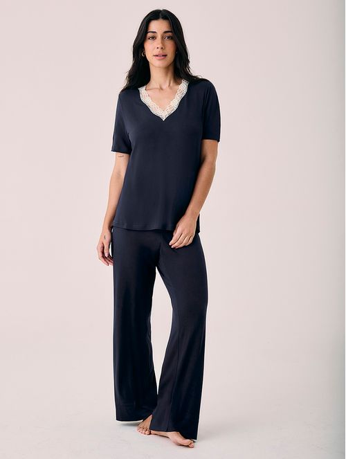 Pijama Longo Manga Curta Em Viscose E Renda Moon Azul Diamond